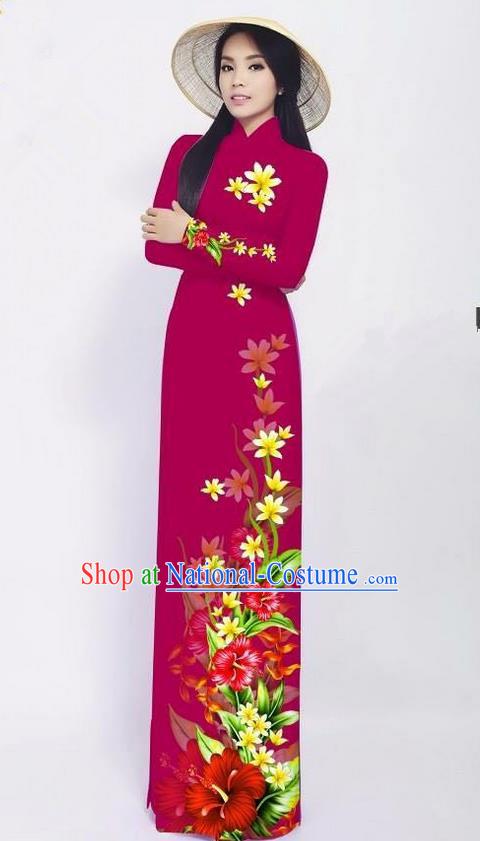 Traditional Top Grade Asian Vietnamese Jing Nationality Ha Festival Long Ao Dai Dress, Vietnam National Bride Printing Red Cheongsam Costumes for Women