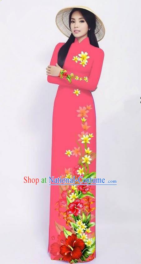 Traditional Top Grade Asian Vietnamese Jing Nationality Ha Festival Long Ao Dai Dress, Vietnam National Bride Printing Pink Cheongsam Costumes for Women