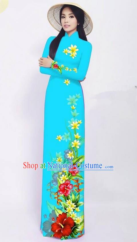 Traditional Top Grade Asian Vietnamese Jing Nationality Ha Festival Long Ao Dai Dress, Vietnam National Bride Printing Blue Cheongsam Costumes for Women