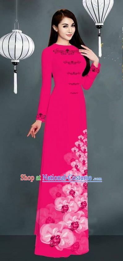 Traditional Top Grade Asian Vietnamese Jing Nationality Ha Festival Long Ao Dai Dress, Vietnam National Bride Printing Rosy Stand Collar Cheongsam Costumes for Women