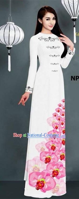 Traditional Top Grade Asian Vietnamese Jing Nationality Ha Festival Long Ao Dai Dress, Vietnam National Bride Printing White Stand Collar Cheongsam Costumes for Women