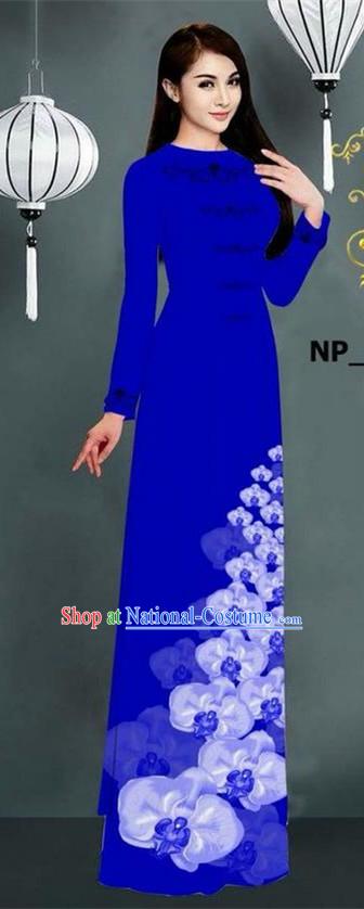 Traditional Top Grade Asian Vietnamese Jing Nationality Ha Festival Long Ao Dai Dress, Vietnam National Bride Printing Royalblue Stand Collar Cheongsam Costumes for Women