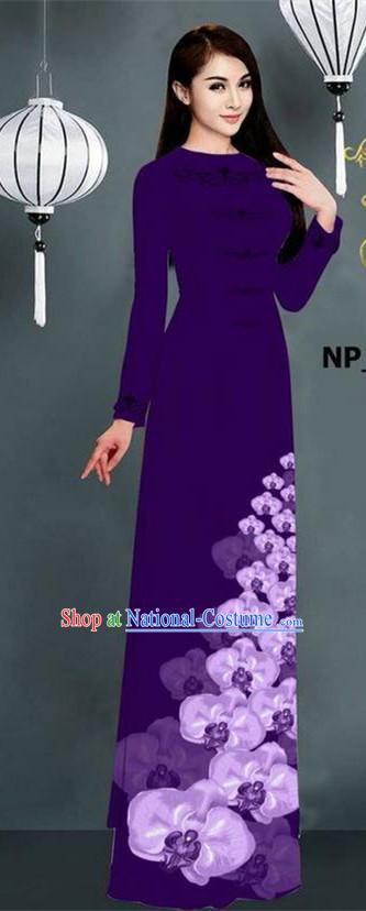 Traditional Top Grade Asian Vietnamese Jing Nationality Ha Festival Long Ao Dai Dress, Vietnam National Bride Printing Purple Stand Collar Cheongsam Costumes for Women