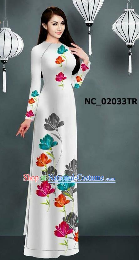 Traditional Top Grade Asian Vietnamese Jing Nationality Ha Festival Long Ao Dai Dress, Vietnam National Bride Printing White Stand Collar Cheongsam Costumes for Women