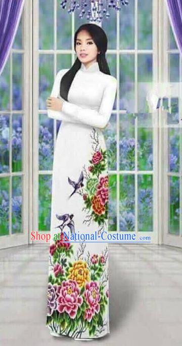 Traditional Top Grade Asian Vietnamese Ha Festival Long Ao Dai Dress, Vietnam National Jing Nationality Printing Peony Cheongsam Costumes for Women