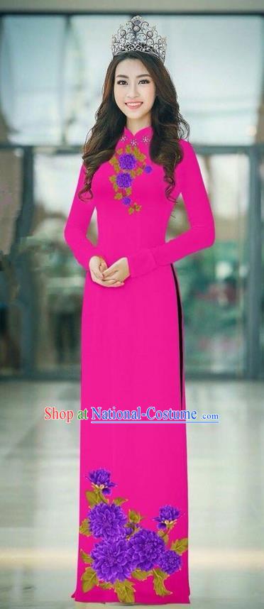 Traditional Top Grade Asian Vietnamese Ha Festival Rosy Long Ao Dai Dress, Vietnam National Jing Nationality Printing Cheongsam Costumes for Women