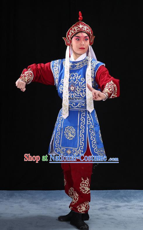 Traditional Chinese Beijing Opera Takefu Blue Clothing Complete Set, China Peking Opera Martial Role Costume Embroidered Opera Costumes