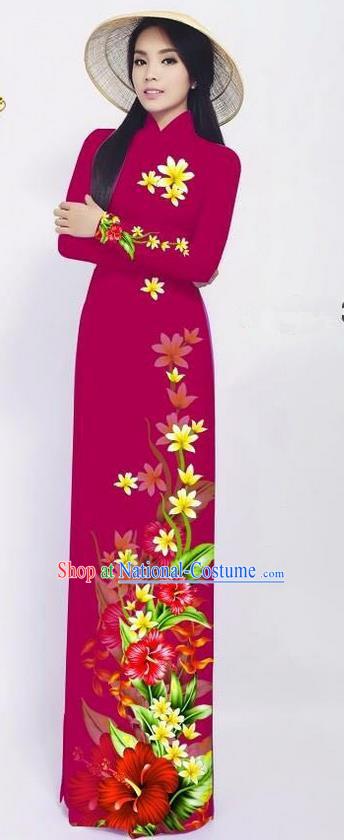 Traditional Top Grade Asian Vietnamese Ha Festival Long Ao Dai Dress and Pants, Vietnam National Jing Nationality Printing Red Cheongsam Costumes for Women