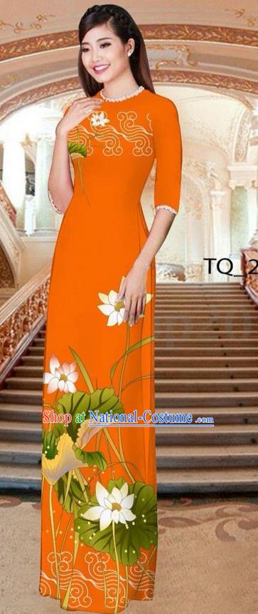 Traditional Top Grade Asian Vietnamese Ha Festival Long Orange Ao Dai Dress, Vietnam National Jing Nationality Printing Lotus Cheongsam Costumes for Women