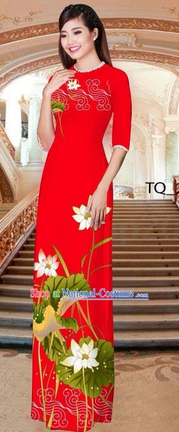 Traditional Top Grade Asian Vietnamese Ha Festival Long Red Ao Dai Dress, Vietnam National Jing Nationality Printing Lotus Cheongsam Costumes for Women