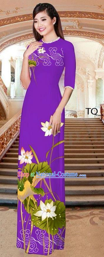 Traditional Top Grade Asian Vietnamese Ha Festival Long Purple Ao Dai Dress, Vietnam National Jing Nationality Printing Lotus Cheongsam Costumes for Women