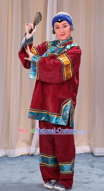 Traditional Chinese Beijing Opera Old Female Purplish Red Clothing and Shoes Headwear Complete Set, China Peking Opera Woman Matchmaker Costume Embroidered Opera Costumes