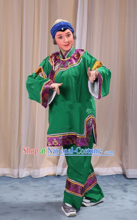 Traditional Chinese Beijing Opera Old Female Green Clothing and Shoes Headwear Complete Set, China Peking Opera Woman Matchmaker Costume Embroidered Opera Costumes