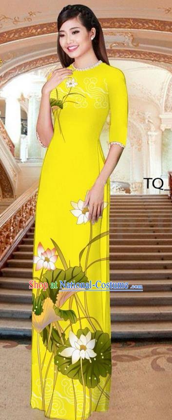 Traditional Top Grade Asian Vietnamese Ha Festival Long Yellow Ao Dai Dress, Vietnam National Jing Nationality Printing Lotus Cheongsam Costumes for Women