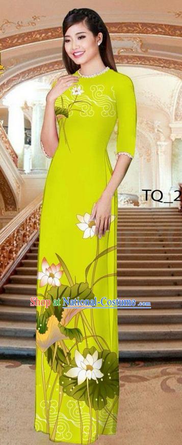 Traditional Top Grade Asian Vietnamese Ha Festival Long Green Ao Dai Dress, Vietnam National Jing Nationality Printing Lotus Cheongsam Costumes for Women