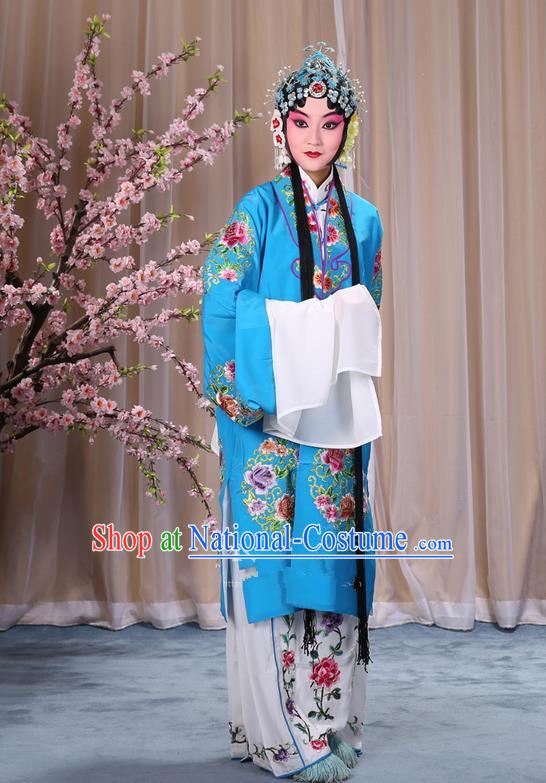 Traditional Chinese Beijing Opera Shaoxing Opera Young Female Blue Clothing and Headwear Shoes Complete Set, China Peking Opera Diva Role Hua Tan Costume Embroidered Opera Bride Costumes