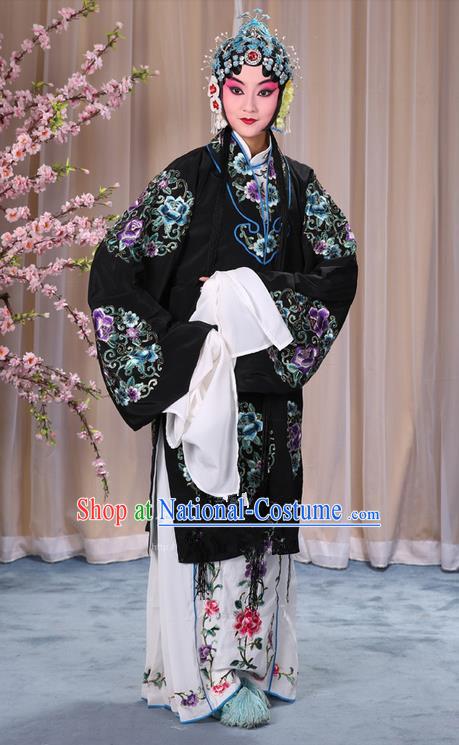 Traditional Chinese Beijing Opera Shaoxing Opera Young Female Black Clothing and Headwear Shoes Complete Set, China Peking Opera Diva Role Hua Tan Costume Embroidered Opera Bride Costumes