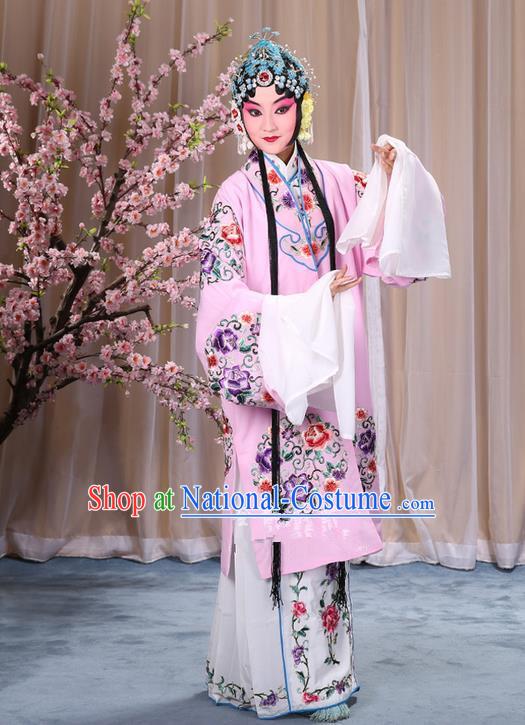 Traditional Chinese Beijing Opera Shaoxing Opera Young Female Pink Clothing and Headwear Shoes Complete Set, China Peking Opera Diva Role Hua Tan Costume Embroidered Opera Bride Costumes