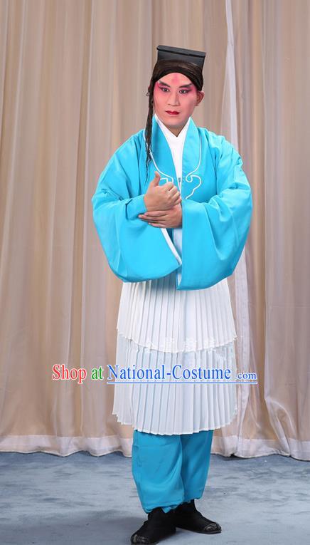 Traditional Chinese Beijing Opera Clown Light Blue Clothing and Shoes Headwear Complete Set, China Peking Opera Miscellaneous Affairs Costume Opera Wu Dalang Costumes