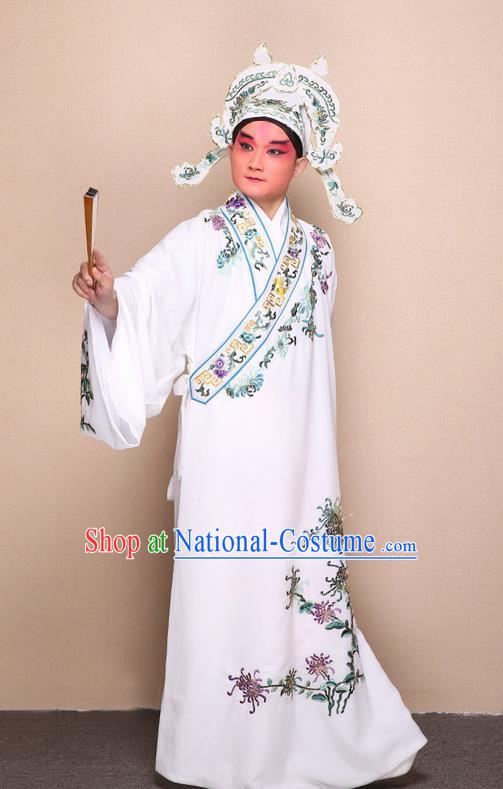 Traditional Chinese Beijing Opera Niche White Dress Clothing Complete Set, China Peking Opera Young Man Costume Embroidered Chrysanthemum Robe Opera Costumes