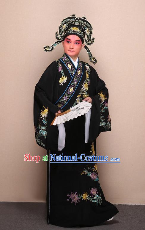 Traditional Chinese Beijing Opera Niche Black Dress Clothing Complete Set, China Peking Opera Young Man Costume Embroidered Chrysanthemum Robe Opera Costumes