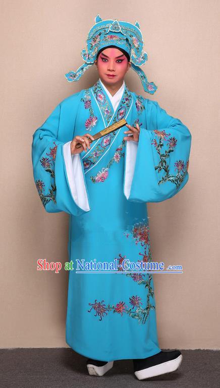 Traditional Chinese Beijing Opera Niche Blue Dress Clothing Complete Set, China Peking Opera Young Man Costume Embroidered Chrysanthemum Robe Opera Costumes