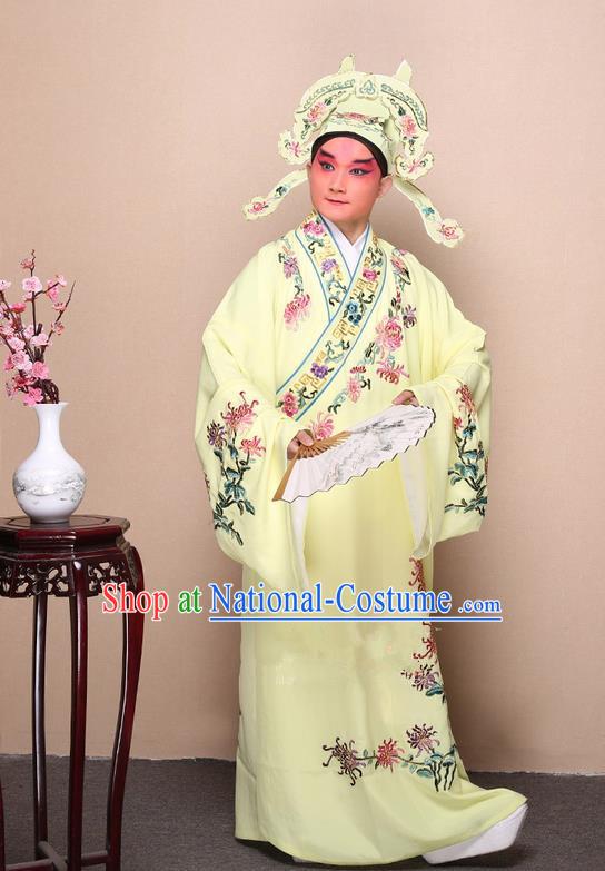 Traditional Chinese Beijing Opera Niche Yellow Dress Clothing Complete Set, China Peking Opera Young Man Costume Embroidered Chrysanthemum Robe Opera Costumes