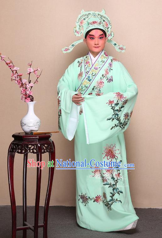 Traditional Chinese Beijing Opera Niche Green Dress Clothing Complete Set, China Peking Opera Young Man Costume Embroidered Chrysanthemum Robe Opera Costumes