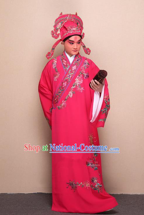 Traditional Chinese Beijing Opera Niche Rosy Dress Clothing Complete Set, China Peking Opera Young Man Costume Embroidered Chrysanthemum Robe Opera Costumes