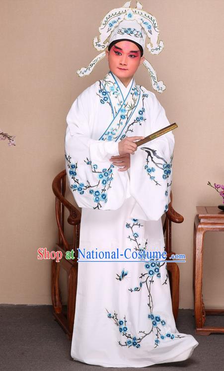 Traditional Chinese Beijing Opera Niche White Dress Clothing Complete Set, China Peking Opera Young Man Costume Embroidered Plum Blossom Robe Opera Costumes