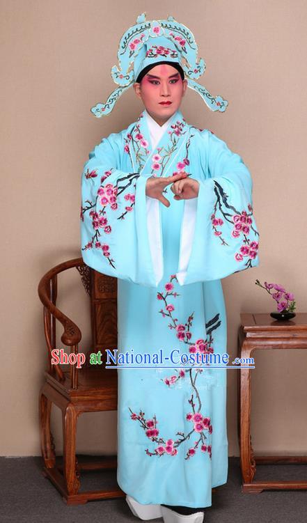 Traditional Chinese Beijing Opera Niche Blue Dress Clothing Complete Set, China Peking Opera Young Man Costume Embroidered Plum Blossom Robe Opera Costumes