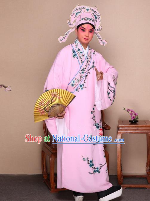 Traditional Chinese Beijing Opera Niche Pink Dress Clothing Complete Set, China Peking Opera Young Man Costume Embroidered Plum Blossom Robe Opera Costumes