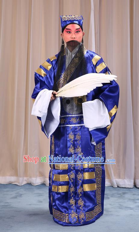 Traditional Chinese Beijing Opera Blue Eight Diagrams Clothing and Boots Feather Fan Complete Set, China Peking Opera Zhuge Liang Costume Embroidered Military Counsellor Robe Opera Costumes