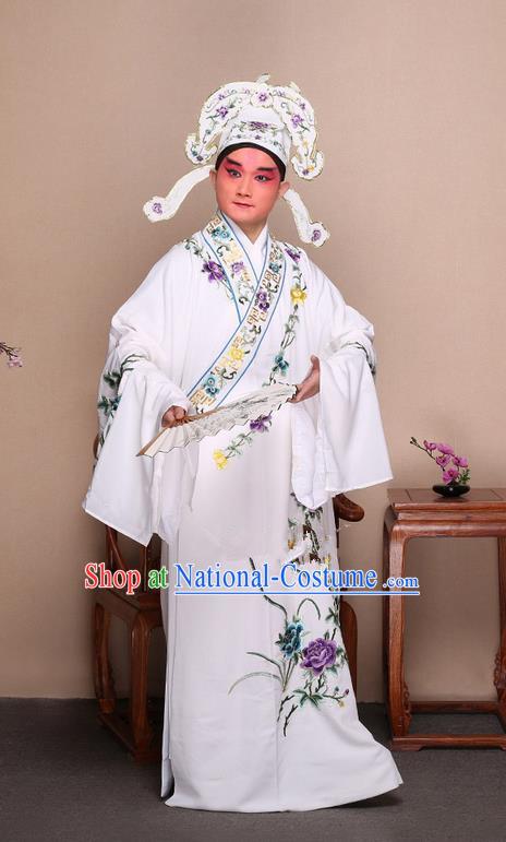 Traditional Chinese Beijing Opera Niche White Dress Clothing and Boots Fan Complete Set, China Peking Opera Gifted Youth Man Costume Embroidered Robe Opera Costumes