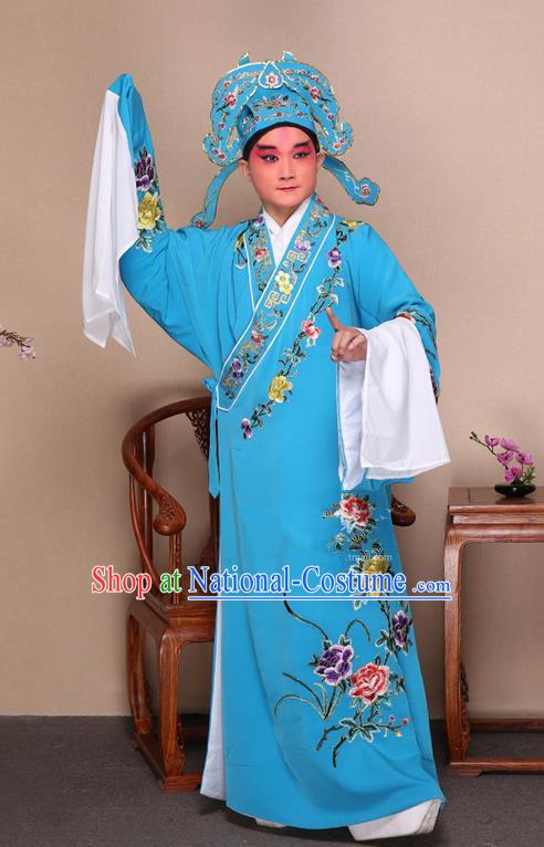 Traditional Chinese Beijing Opera Niche Blue Dress Clothing and Boots Fan Complete Set, China Peking Opera Gifted Youth Man Costume Embroidered Robe Opera Costumes