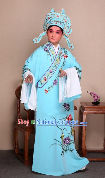 Traditional Chinese Beijing Opera Niche Light Blue Dress Clothing and Boots Fan Complete Set, China Peking Opera Gifted Youth Man Costume Embroidered Robe Opera Costumes