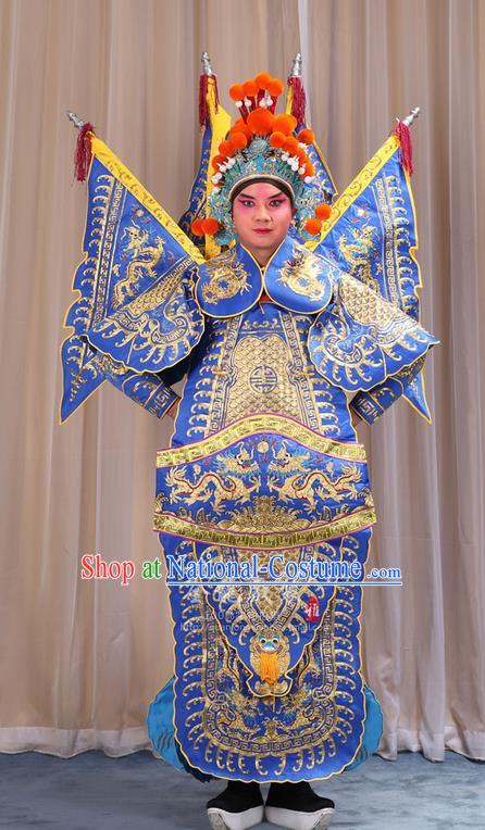 Traditional Chinese Beijing Opera Military Officer Armour Blue Clothing and Boots Complete Set, China Peking Opera Martial General Role Costume Embroidered Opera Costumes