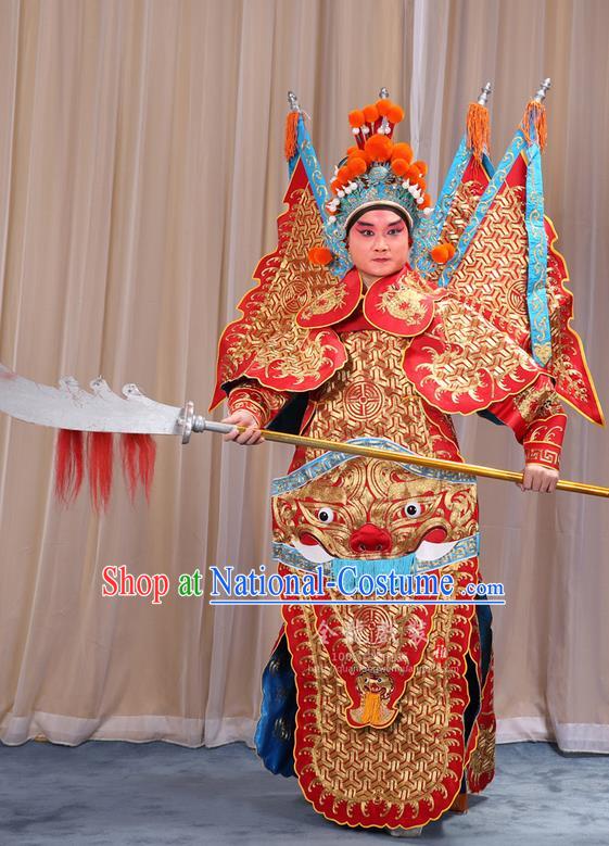 Traditional Chinese Beijing Opera Military Officer Armour Red Clothing and Boots Complete Set, China Peking Opera Martial General Role Costume Embroidered Opera Tiger Head Costumes