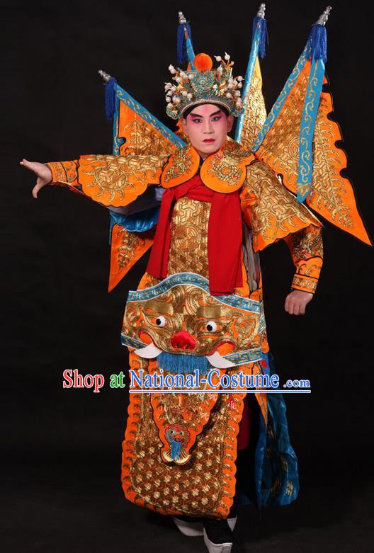 Traditional Chinese Beijing Opera Military Officer Armour Yellow Clothing and Boots Complete Set, China Peking Opera Martial General Role Costume Embroidered Opera Tiger Head Costumes