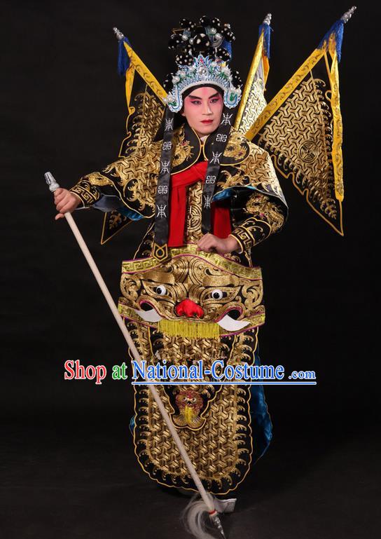 Traditional Chinese Beijing Opera Military Officer Armour Black Clothing and Boots Complete Set, China Peking Opera Martial General Role Costume Embroidered Opera Tiger Head Costumes