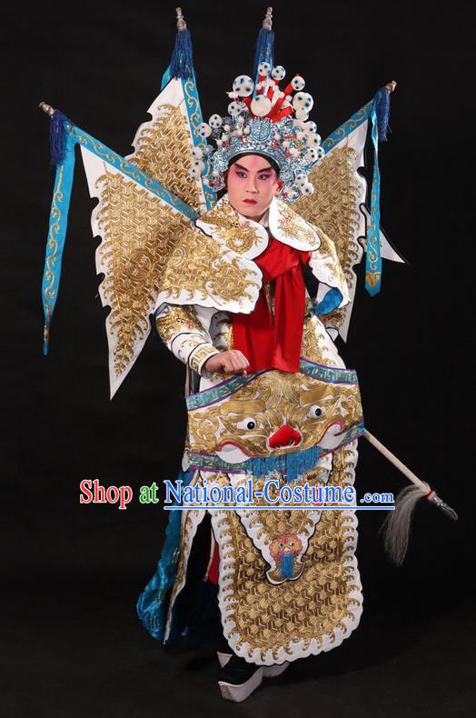 Traditional Chinese Beijing Opera Military Officer Armour White Clothing and Boots Complete Set, China Peking Opera Martial General Role Costume Embroidered Opera Tiger Head Costumes