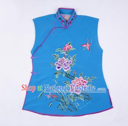 Traditional Chinese Beijing Opera Servant Girl Blue Vests, China Peking Opera Young Lady Costume Embroidered Opera Waistcoat Costumes