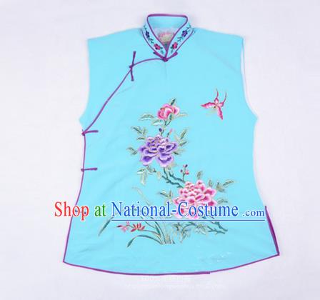 Traditional Chinese Beijing Opera Servant Girl Light Blue Vests, China Peking Opera Young Lady Costume Embroidered Opera Waistcoat Costumes