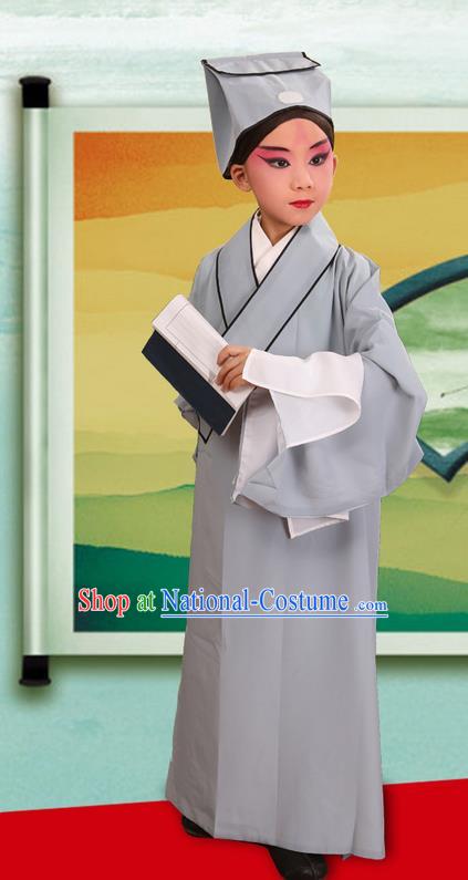 Traditional Chinese Beijing Opera Children Scholar Grey Clothing and Headwear Shoes Complete Set, China Peking Opera Young Man Costume Xu Xian Robe Opera Costumes for Kids