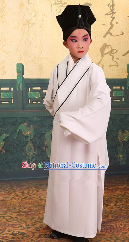 Traditional Chinese Beijing Opera Children Scholar White Clothing and Headwear Shoes Complete Set, China Peking Opera Young Man Costume Xu Xian Robe Opera Costumes for Kids