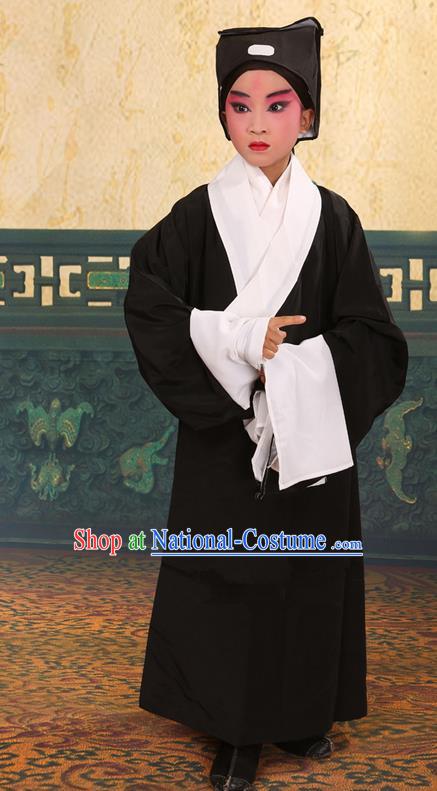 Traditional Chinese Beijing Opera Children Scholar Black Clothing and Headwear Shoes Complete Set, China Peking Opera Young Man Costume Xu Xian Robe Opera Costumes for Kids