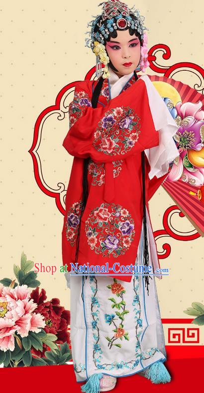 Traditional Chinese Beijing Opera Young Female Red Clothing and Headwear Shoes Complete Set, China Peking Opera Diva Role Hua Tan Costume Mu Guiying Embroidered Opera Costumes for Kids