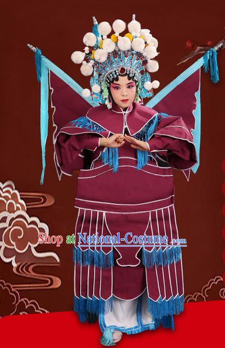 Traditional Chinese Beijing Opera Magic Warriors Purple Red Clothing and Flagpole Shoes Complete Set, China Peking Opera Blues Costume Embroidered Robe Opera Costumes for Kids