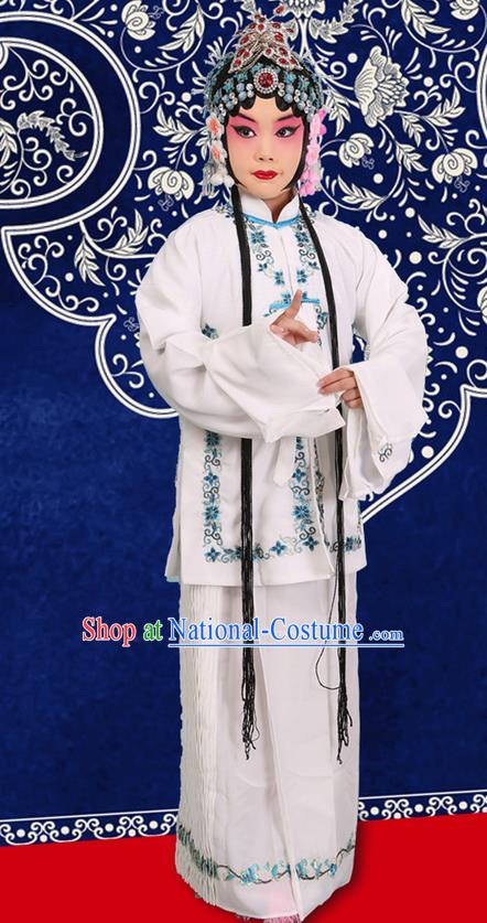 Traditional Chinese Beijing Opera Qingyi Role White Clothing and Headwear Shoes Complete Set, China Peking Opera Diva Role Hua Tan Costume Embroidered Opera Costumes for Kids