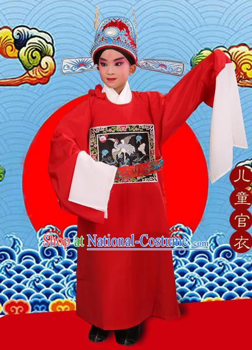 Traditional Chinese Beijing Opera Lang Scholar Red Clothing and Headwear Boots Complete Set, China Peking Opera Sesame official Costume Embroidered Robe Opera Costumes for Kids